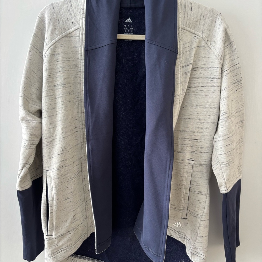 Adidas Women Medium Gray and Navy Open Front Quiet Luxury Athleisure Cozy Sporty - Picture 3 of 9